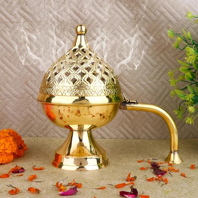 SATVIK 1 Pc Pure Brass Antique Incense Holder Dhuni Burner with Long Brass Handle Handheld Puja Dhuna Loban Burner Pooja Agarbatti Dhoop Pot Dhuni Stand Indian Housewarming Return Gift Items Bulk