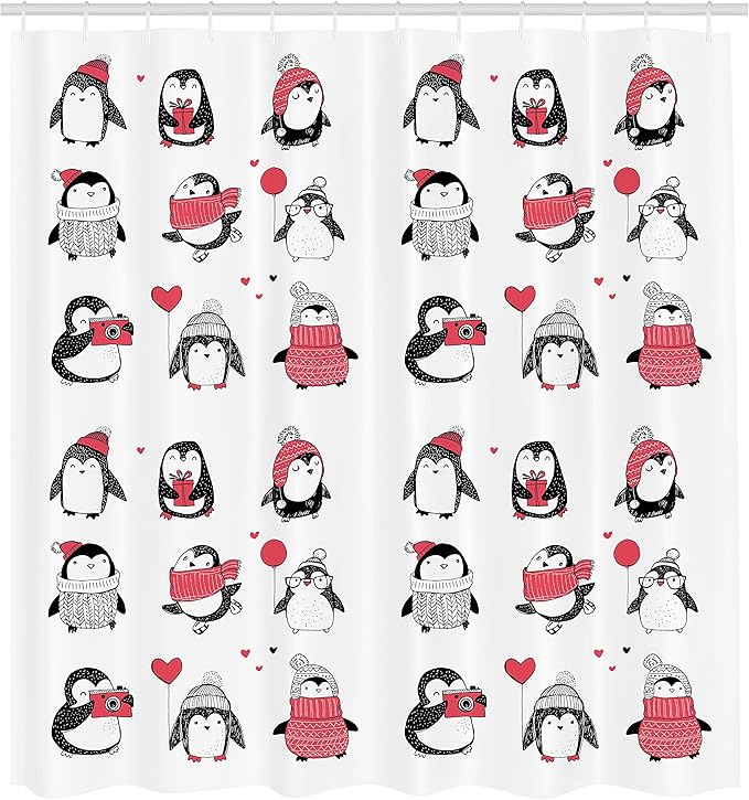 Ambesonne Winter Shower Curtain, Penguins Hand Drawn Merry Christmas Greetings, Cloth Fabric Bathroom Decor Set with Hooks, 69" W x 70" L, White Pink