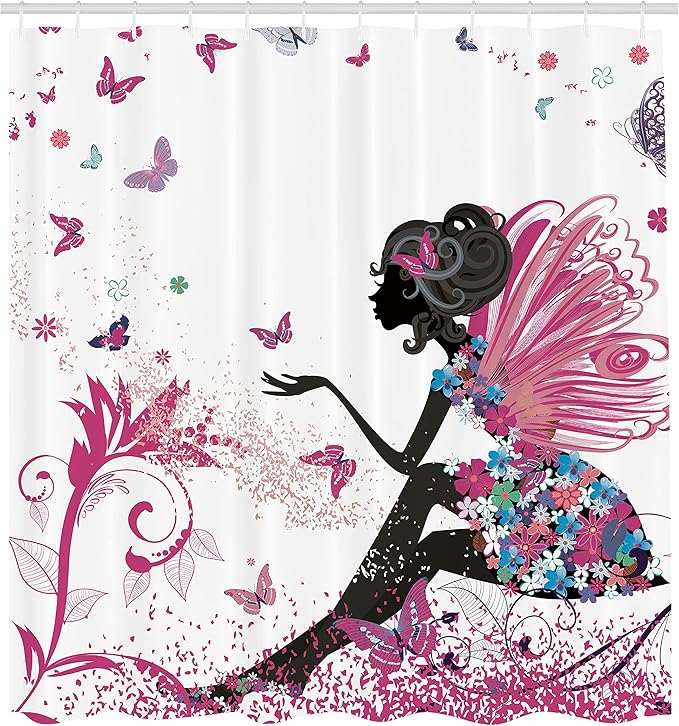 Ambesonne Fantasy Shower Curtain, Spring Girl Wings in a Floral Dress Surreal Garden Butterflies Print, Cloth Fabric Bathroom Decor Set with Hooks, 69" W x 70" L, Magenta Black