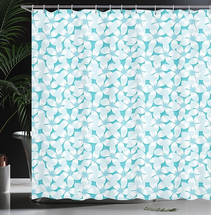 Ambesonne Turquoise Shower Curtain, Macro Tropical Hibiscus Flowers Pattern in Gradient Colors Hawaiian Exotic Print, Cloth Fabric Bathroom Decor Set with Hooks, 69" W x 70" L, Ivory Blue