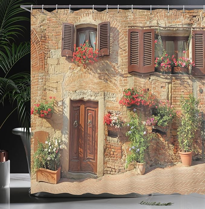 Ambesonne Tuscan Shower Curtain, Picturesque Lane Mediterranean Architecture Flowers Warm Italian Town, Cloth Fabric Bathroom Decor Set with Hooks, 69" W x 75" L, Brown Burgundy