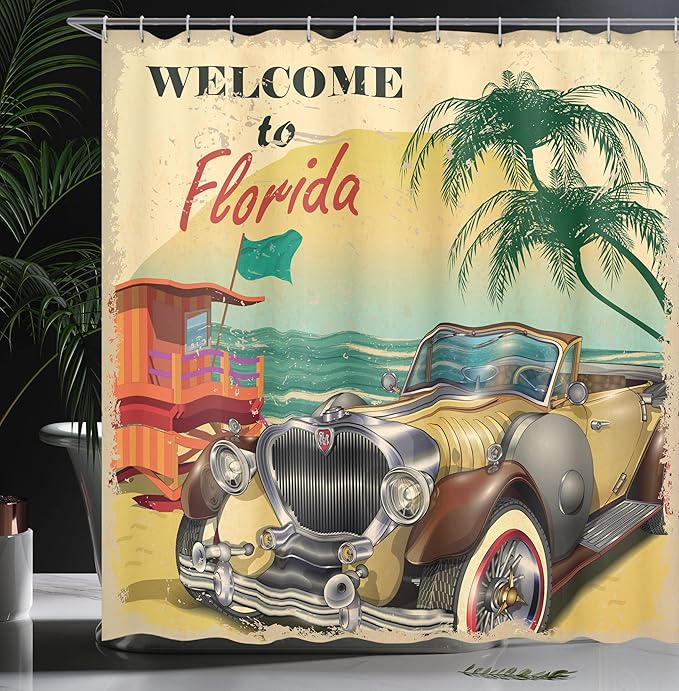 Ambesonne Florida Shower Curtain, Old Beach Picture with Vintage American Car a Visit to Touristic Coastal State, Cloth Fabric Bathroom Decor Set with Hooks, 69" W x 75" L, Beige Multicolor