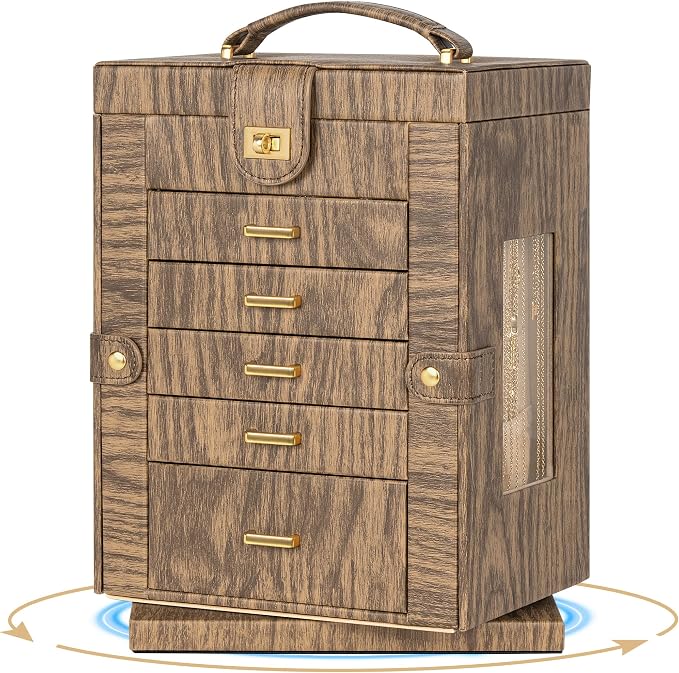 AKOZLIN 6-Tier Jewelry Box Organizer Functional 5 Drawers Leather Jewelry Storage Case for Women Girls Ring Necklace Earring Bracelet Holder Organizer with Mirror Wood Grain 360° Rotating