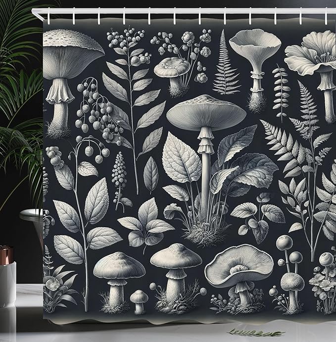 Ambesonne Botanical Shower Curtain, Art Medieval Witchcore Concept Modern Illustrated Mushroom Flowery and Leaves, Cloth Fabric Bathroom Decor Set with Hooks, 69" W x 84" L, Dark Blue Grey