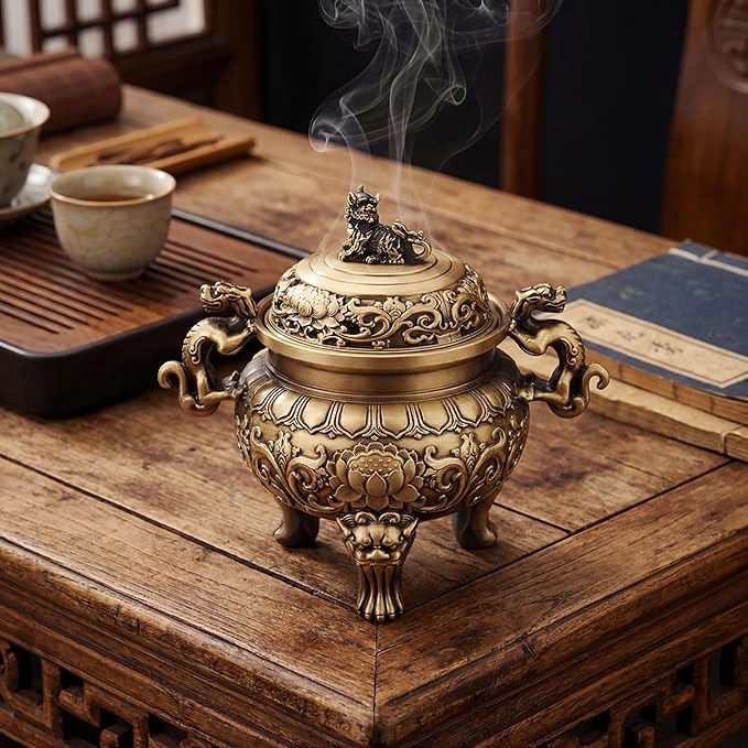 Solid Brass Incense Burner with Qilin Lid,22oz Chinese Feng Shui Handmade Censer,5.5 Inch Brass Incense Burner with 3 Incense Holders for Zen Meditation Altar Decor,Indoor Home Office Décor