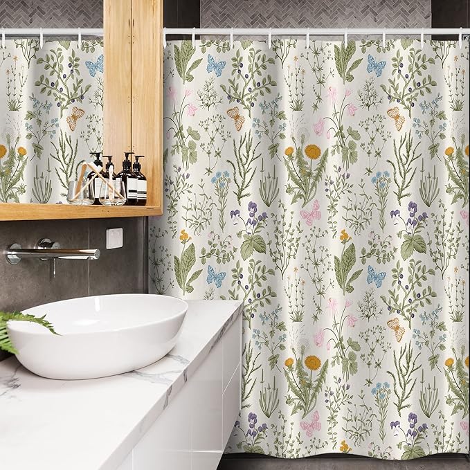 Ambesonne Floral Stall Shower Curtain, Vintage Garden Plants with Herbs Flowers Botanical Classic Design, Fabric Bathroom Decor Set with Hooks, 54" X 78", Green Orange
