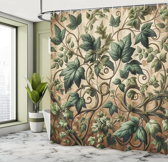 Ambesonne Leaf Print Shower Curtain, Swirling Branches Ivy Ornament with Leaves in Medieval Influences, Cloth Fabric Bathroom Decor Set with Hooks, 69" W x 75" L, Pale Brown Hunter Green