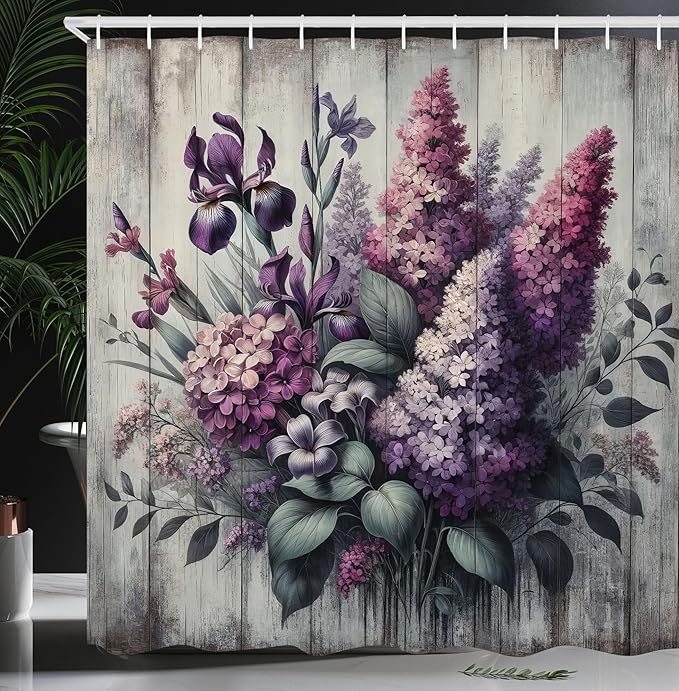 Ambesonne Lavender Shower Curtain, Nostalgia Farmhouse Blooming Iris Floral Purplish with Leaves Greenery, Cloth Fabric Bathroom Decor Set with Hooks, 69" W x 84" L, Dark Cadet Blue Indigo