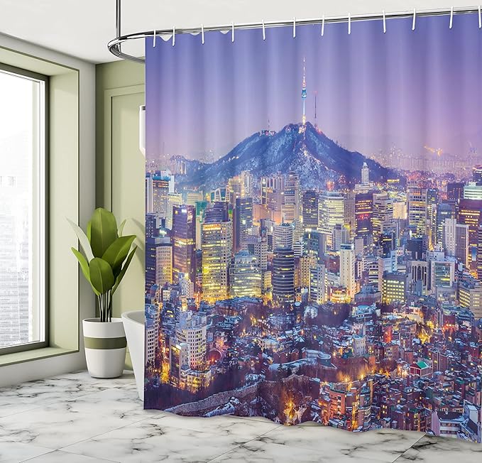 Ambesonne Modern Shower Curtain, Skyline of Seou South Korea Cityscape with Buildings Skyscrapers Urban View at Night, Cloth Fabric Bathroom Decor Set with Hooks, 69" W x 84" L, Indigo