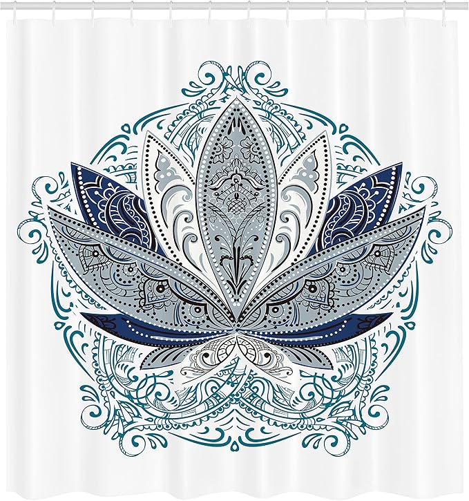 Ambesonne Lotus Shower Curtain, Flower Bloom Ornaments Exotic Petals Oriental Traditional Boho Design, Cloth Fabric Bathroom Decor Set with Hooks, 69" W x 70" L, Navy Grey
