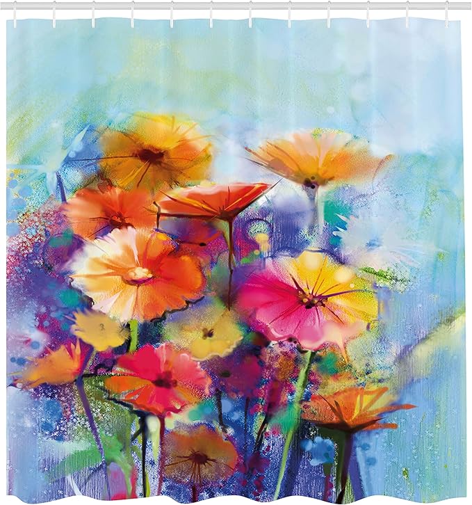 Ambesonne Floral Shower Curtain, Abstract Flower Bouquet in Soft Watercolors Daisies and Gerberas Spring Seasonal, Cloth Fabric Bathroom Decor Set with Hooks, 69" W x 70" L, Blue Purple