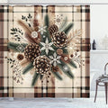 Ambesonne Christmas Shower Curtain, Traditional Xmas Pinecone and Leaves Ornate on Plaid Background Print, Cloth Fabric Bathroom Decor Set with Hooks, 69" W x 75" L, Cocoa Brown Sage Green