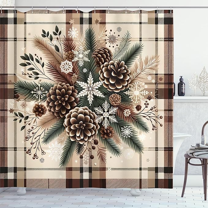 Ambesonne Christmas Shower Curtain, Traditional Xmas Pinecone and Leaves Ornate on Plaid Background Print, Cloth Fabric Bathroom Decor Set with Hooks, 69" W x 75" L, Cocoa Brown Sage Green