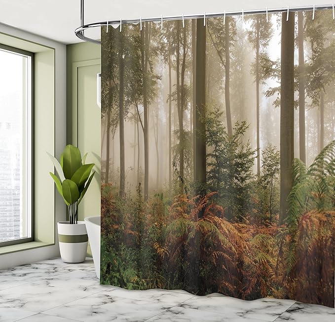 Ambesonne Forest Shower Curtain, Mystic Dark Fog Atmosphere Deep in The Forest Woodland Nobody Silence Image, Cloth Fabric Bathroom Decor Set with Hooks, 69" W x 75" L, Orange Brown