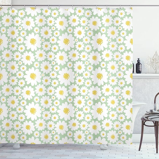 Ambesonne Floral Shower Curtain, Pastel Cartoon Like Flowers Daisies Spring Time Season Artwork Print, Cloth Fabric Bathroom Decor Set with Hooks, 69" W x 75" L, Pale Sage