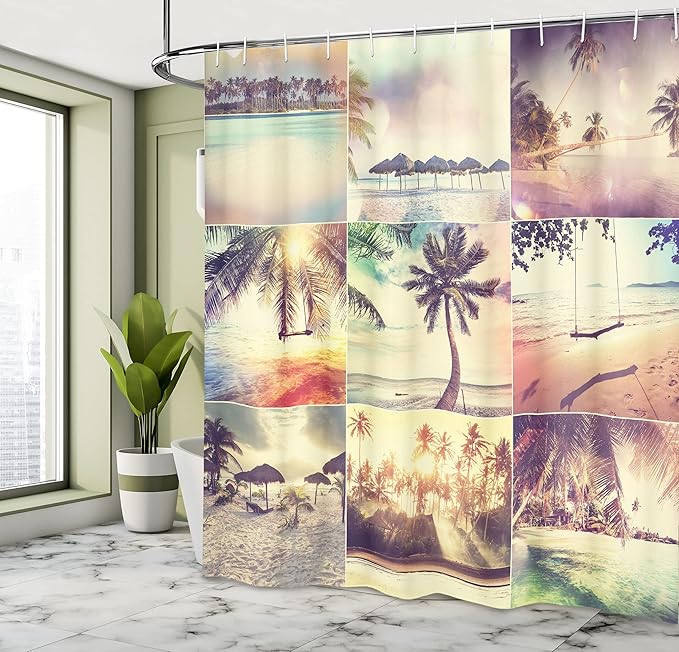 Ambesonne Tropical Shower Curtain, Tropical Beach Theme Adventure Destination Holiday Shore Travel Sunshine Coast, Cloth Fabric Bathroom Decor Set with Hooks, 69" W x 70" L, Beige Cream