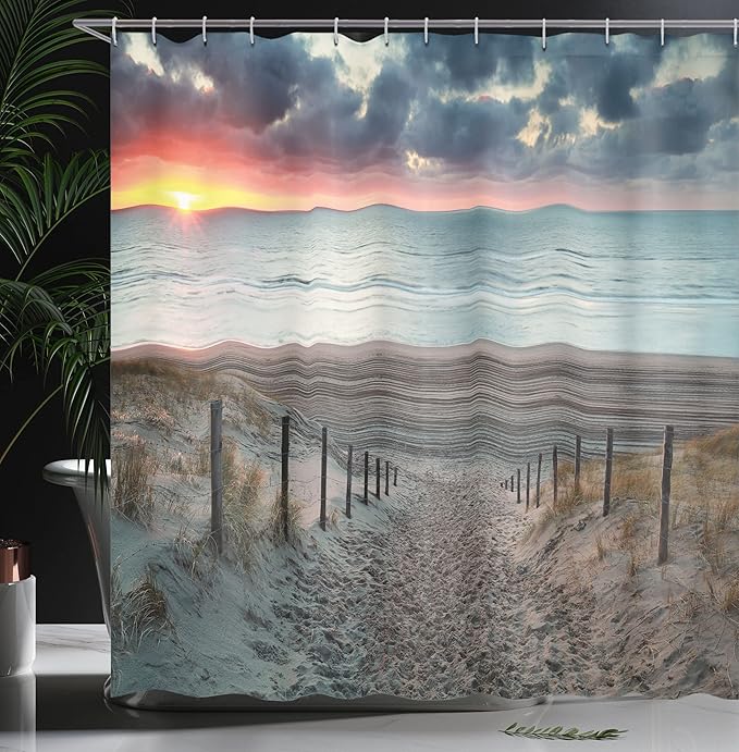 Ambesonne Beach Shower Curtain, Sun Setting View North Sea North Holland Netherlands Footsteps Outdoors Image, Cloth Fabric Bathroom Decor Set with Hooks, 69" W x 70" L, Bluegrey Brown
