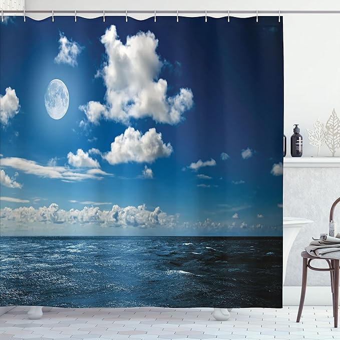 Ambesonne Ocean Shower Curtain, Full Moon Night Sky and Wavy Ocean Horizon with Clouds Romantic Scene Image, Cloth Fabric Bathroom Decor Set with Hooks, 69" W x 70" L, Aqua Blue