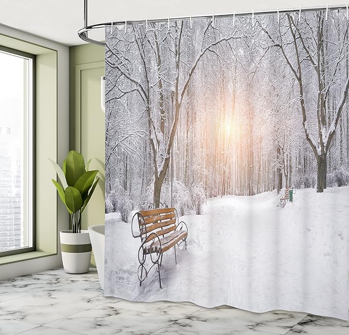 Ambesonne Winter Shower Curtain, Snowy Leafless Trees and Benches in The City Park Sunset Woodland Outdoors, Cloth Fabric Bathroom Decor Set with Hooks, 69" W x 70" L, Orange White