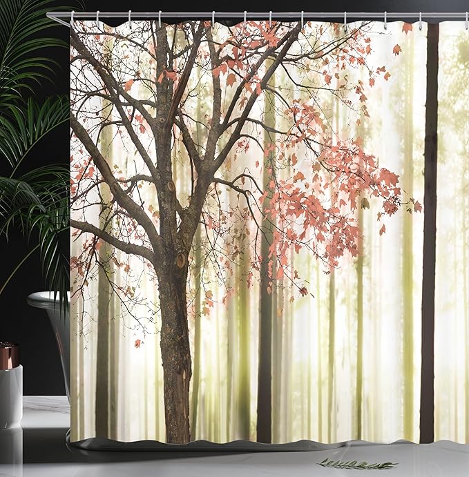 Ambesonne Autumn Shower Curtain, Picture of a Lonely Tree Leaves on an Abstract Woodland Background Print, Cloth Fabric Bathroom Decor Set with Hooks, 69" W x 84" L, Coral Cream