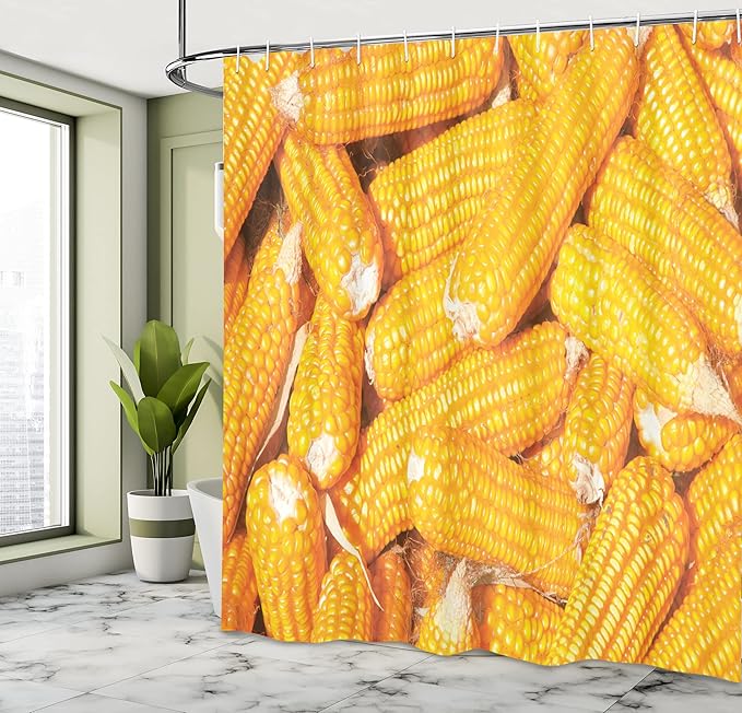 Ambesonne Autunm Shower Curtain, Harvest Themed Top View Photo of Corns Food Ingredient Fall Closeup Picture, Cloth Fabric Bathroom Decor Set with Hooks, 69" W x 70" L, Earth Yellow
