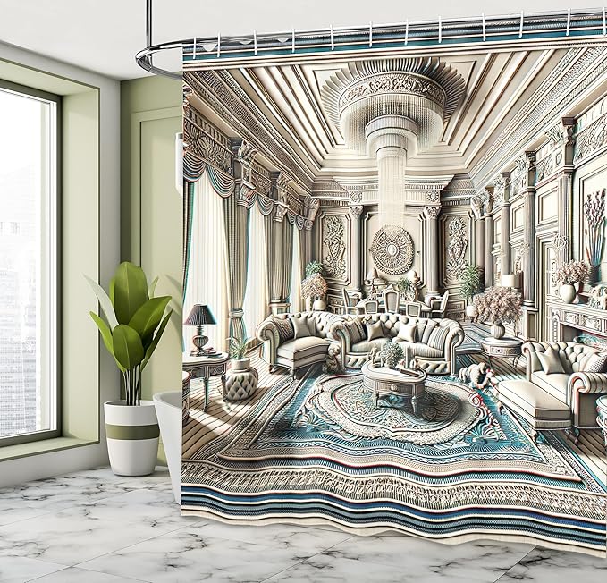 Ambesonne Classic Shower Curtain, Extravagant Hall with Oceanic and Neutral Color Details Room View Print, Cloth Fabric Bathroom Decor Set with Hooks, 69" W x 75" L, Coconut and Sea Blue