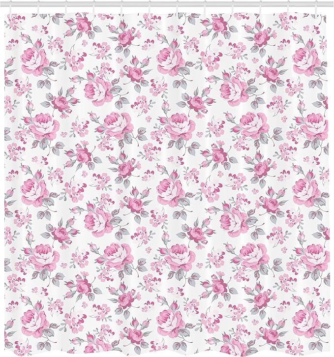 Ambesonne Shabby Flora Shower Curtain, Pink Roses with Grey Leaves Garden Bedding with Plants and Spring Blossoms Work of an Art, Cloth Fabric Bathroom Decor Set with Hooks, 69" W x 84" L, Light Pink