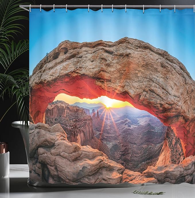 Ambesonne USA Shower Curtain, Famous Sunrise at Mesa Arch in Canyonlands National Park, Utah, USA, Cloth Fabric Bathroom Decor Set with Hooks, 69" W x 70" L, Pale Brown Sky Blue