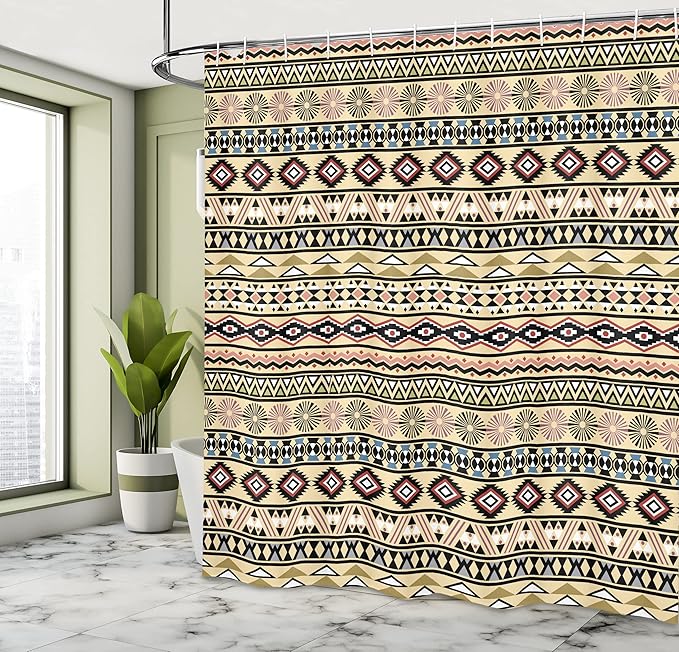 Ambesonne Tribal Shower Curtain, Traditional South American Culture Aztec Tribal Print in Retro Soft Color, Cloth Fabric Bathroom Decor Set with Hooks, 69" W x 70" L, Pastel Cream