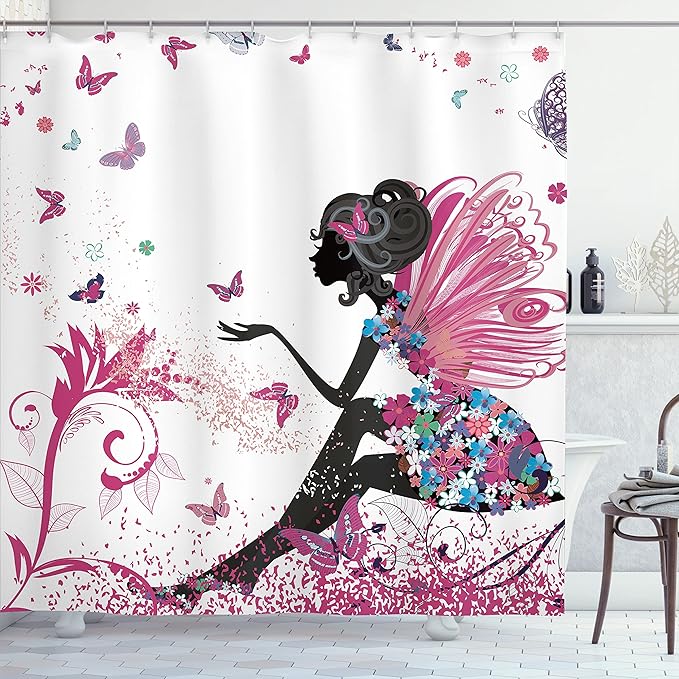 Ambesonne Fantasy Shower Curtain, Spring Girl Wings in a Floral Dress Surreal Garden Butterflies Print, Cloth Fabric Bathroom Decor Set with Hooks, 69" W x 75" L, Magenta Black