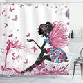 Ambesonne Fantasy Shower Curtain, Spring Girl Wings in a Floral Dress Surreal Garden Butterflies Print, Cloth Fabric Bathroom Decor Set with Hooks, 69" W x 75" L, Magenta Black