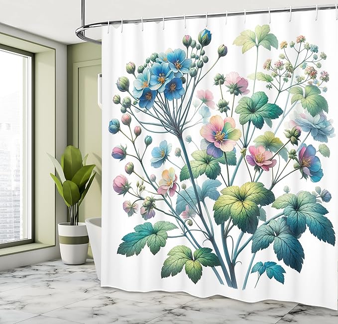 Ambesonne Floral Shower Curtain, Trippy and Bold Colorful Wild Flowers in a Spring Morning on Plain Back, Cloth Fabric Bathroom Decor Set with Hooks, 69" W x 70" L, Teal Green Multicolor