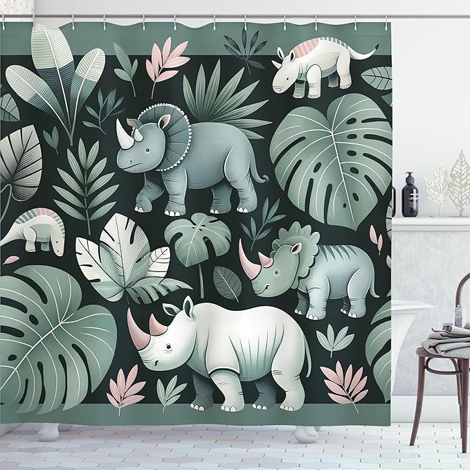 Ambesonne Woodland Shower Curtain, Funny Cartoon Design Exotic Jungle Monstera Leaves Horned Animals Print, Cloth Fabric Bathroom Decor Set with Hooks, 69" W x 75" L, Laurel Green Blush