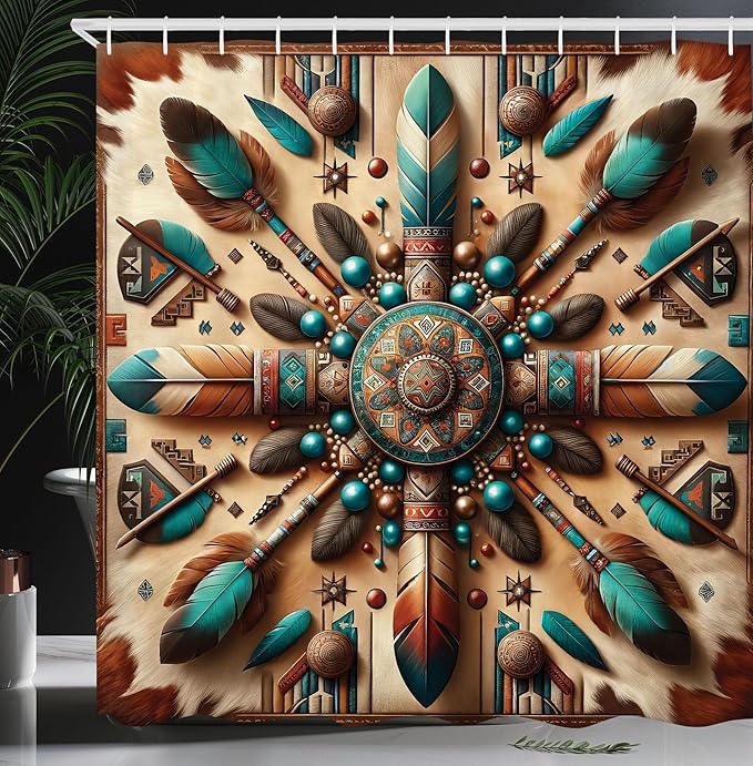 Ambesonne Rustic Shower Curtain, Ethnic Southwestern Style Grunge Boho Symmetric Design with Feathers, Cloth Fabric Bathroom Decor Set with Hooks, 69" W x 70" L, Redwood and Dark Turquoise