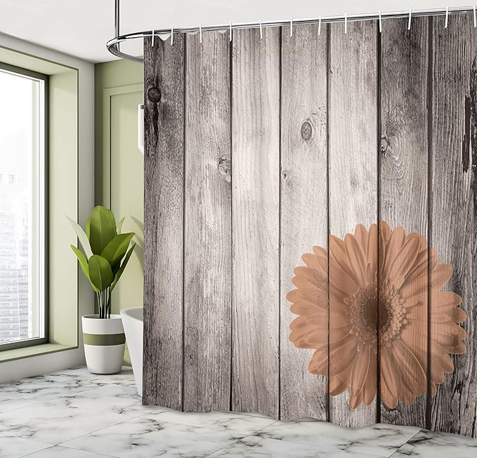 Ambesonne Rustic Shower Curtain, Flower Red Dahlia on Foreground of Murky Featured Dated Wooden Board Retro Art Print, Cloth Fabric Bathroom Decor Set with Hooks, 69" W x 75" L, Almond
