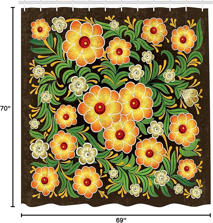 Ambesonne Antique Shower Curtain, Spring Flowers Blooms Leaves Pattern Floral Antique Nature Theme Art Print, Cloth Fabric Bathroom Decor Set with Hooks, 69" W x 70" L, Brown Yellow Green