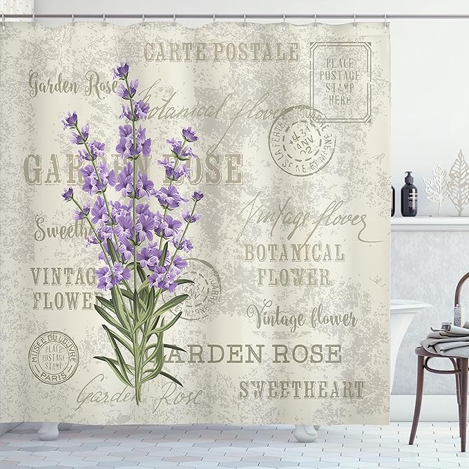 Ambesonne Lavender Shower Curtain, Vintage Postcard Composition Grunge Display and Flowers, Cloth Fabric Bathroom Decor Set with Hooks, 69" W x 70" L, Green Lavender