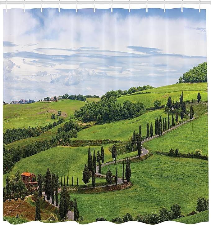Ambesonne Tuscan Shower Curtain, Mediterranean Landscape House Trees Vineyard Agriculture, Cloth Fabric Bathroom Decor Set with Hooks, 69" W x 70" L, Pale Blue White