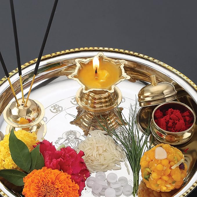 HAZEL Stainless Steel Puja Pooja Aarti Thali Set, 22 cm with 1 Pc Diva, Agarbatti Incense Holder and Kumkum Wati, Silver