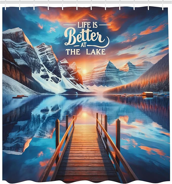 Ambesonne Life is Better at The Lake Shower Curtain, Winter Cabin Scenery Tranquil Mountains Dramatic Clouds, Cloth Fabric Bathroom Decor Set with Hooks, 69" W x 84" L, Orange Azure Blue