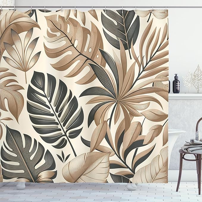Ambesonne Tan Shower Curtain, Nostalgic Earthy Colors Boho Exotics Concept Monstera Leaves Urban Jungle, Cloth Fabric Bathroom Decor Set with Hooks, 69" W x 70" L, Dark Sea Green Eggshell