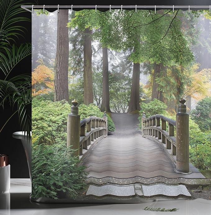 Ambesonne Japanese Shower Curtain, Foggy Morning Wooden Bridge at Japanese Garden with Trees in Autumn Image, Cloth Fabric Bathroom Decor Set with Hooks, 69" W x 70" L, Taupe Green
