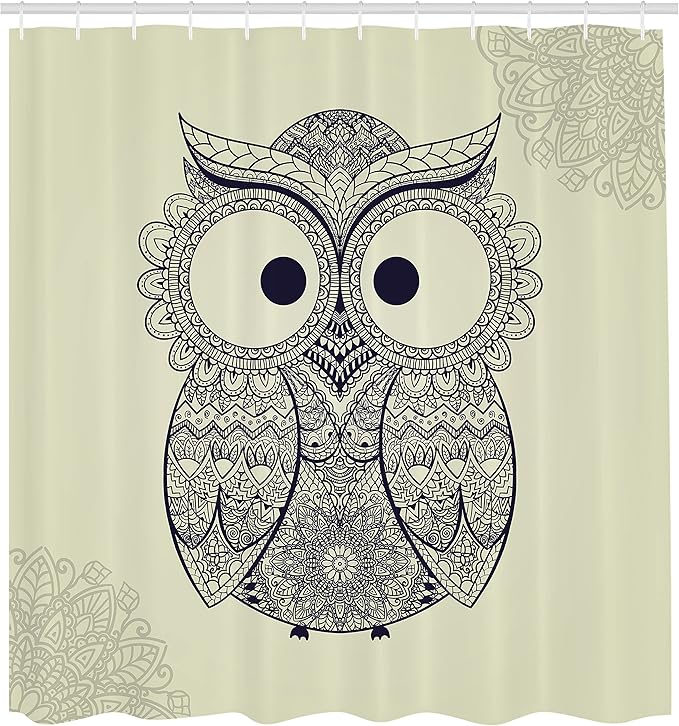 Ambesonne Ethnic Shower Curtain, Design Illustration Owl with Flowers Owl Bird Ornamental Pattern, Cloth Fabric Bathroom Decor Set with Hooks, 69" W x 75" L, Blue Eggshell