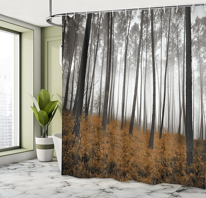 Ambesonne Forest Shower Curtain, Mystical Fantasy Woodland Under Heavy Fog Tall Trees Bushes Contrast Colors, Cloth Fabric Bathroom Decor Set with Hooks, 69" W x 84" L, Caramel Black