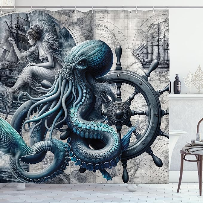 Ambesonne Blue Shower Curtain, Nautical Concept Gothic Marine Fantasy Sailors Nightmare Kraken Siren, Cloth Fabric Bathroom Decor Set with Hooks, 69" W x 70" L, Dark Blue Grey and Ivory