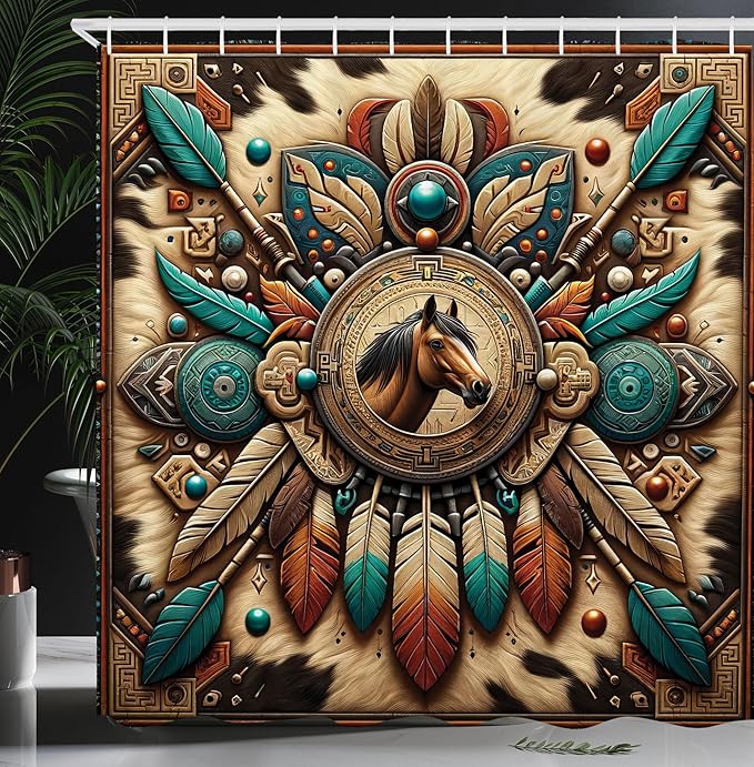 Ambesonne Rustic Shower Curtain, Wild West Horse Arrows and Feathers Southwestern Concept Earthy Colors, Cloth Fabric Bathroom Decor Set with Hooks, 69" W x 70" L, Teal Dark Taupe Cinnamon