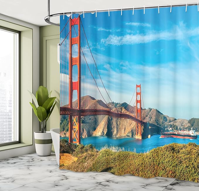 Ambesonne Landscape Shower Curtain, Golden Gate San Francisco Sunny Summer Day Ocean Stones Touristic, Cloth Fabric Bathroom Decor Set with Hooks, 69" W x 70" L, Blue Orange
