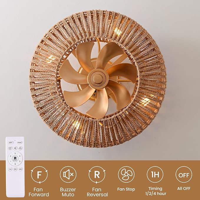 20" Boho Caged Fandelier with Lights Flush Mount Rattan Ceiling Fan with Lights and Remote Control, Enclosed 6 Speeds Low Profile Fan Light for Bedroom, Living Room, Kitchen