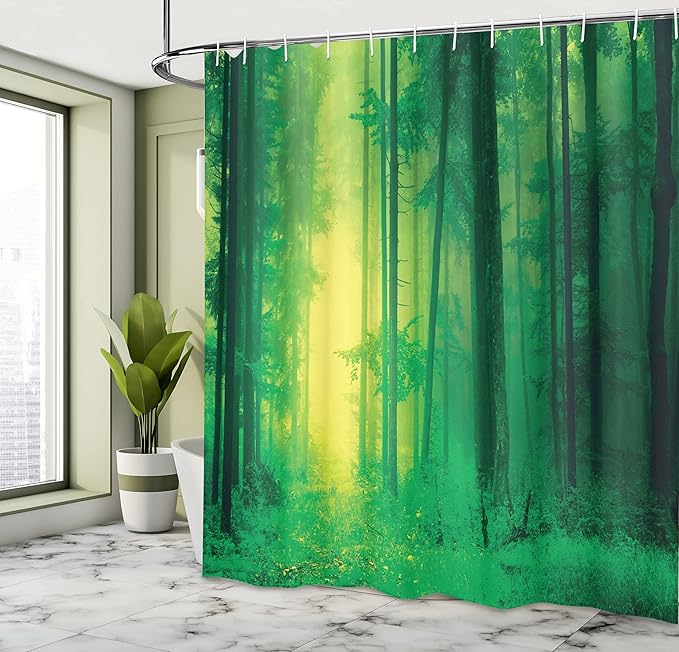 Ambesonne Mystic Shower Curtain, Fantasy Warm Season Springtime Forest Tall Trees Twilight Art Print, Cloth Fabric Bathroom Decor Set with Hooks, 69" W x 70" L, Forest Green