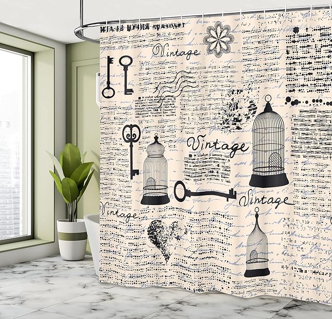 Ambesonne Old Newspaper Shower Curtain, Bird Cages Grunge Retro Pattern Keys Heart Shapes and Flower, Cloth Fabric Bathroom Decor Set with Hooks, 69" W x 75" L, Pale Blue Black Cream